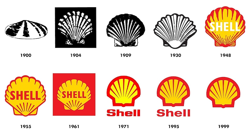 Obrázok znázorňuje, ako sa logo Shell menilo od roku 1900&nbsp;až do súčasnej podoby